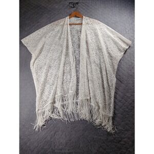 White Floral Lace Fringe Kimono Wrap Open Front Boho Festival Cover Up OS
